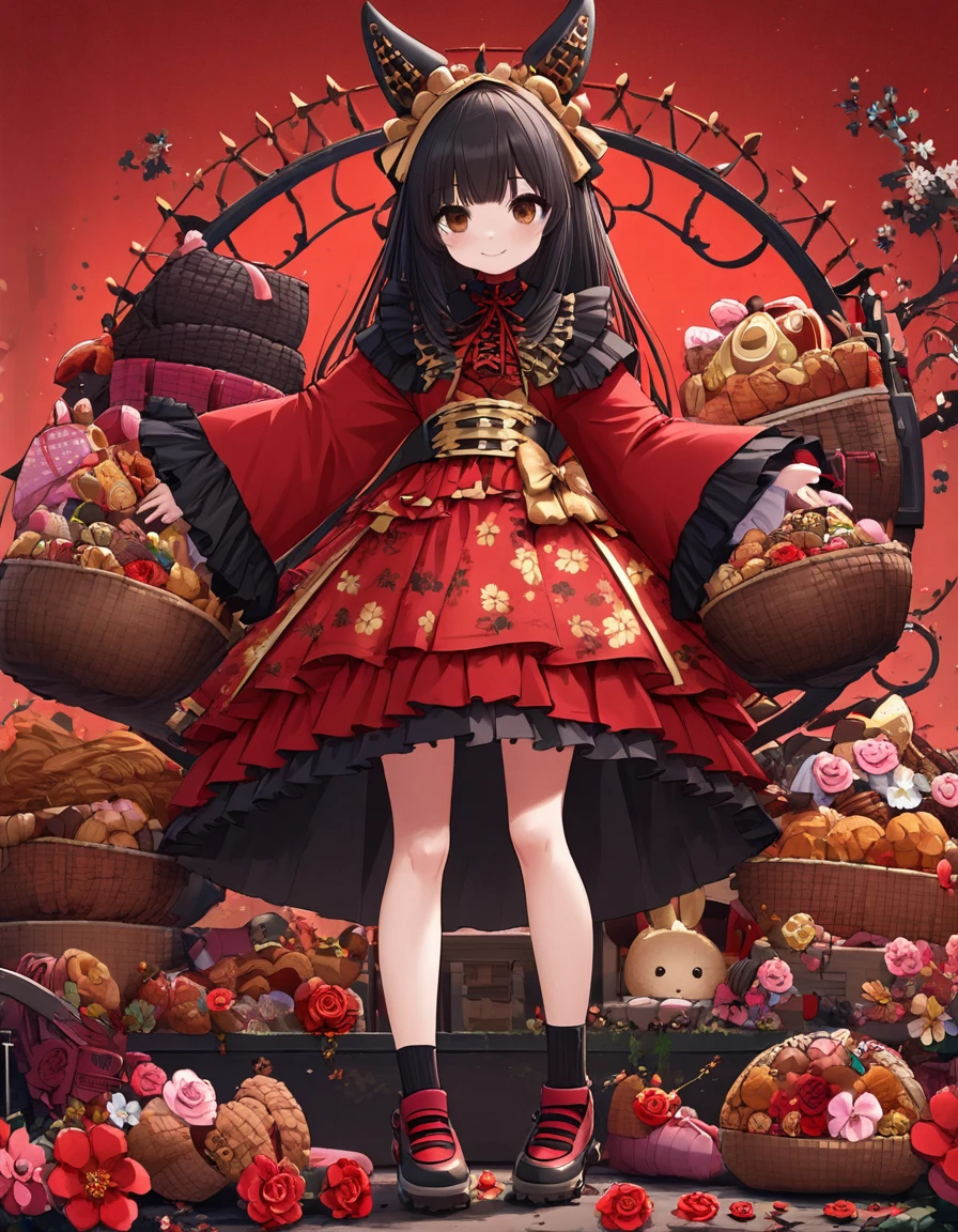 4k, bestquality, detailed, detailed scenery, detailed eyes, 1Girl, cute, adorable, straight hair, long hair, black hair, brown eyes, cleavage, smiling, looking at the camera, standing, BREAK (brack and red theme:1.4), (red and gold (gothic ****ta, french girly):1.2), (fusion of red short kimono and red and brack classic dress:1.4), (extremely detailed floral pattern on dress:1.4), (long and baggy kimono-sleeves with ruffles:1.3), ((panier, multilayer-skirt) with black ruffles:1.4), (bare legs:1.3), (ankle socks with ruffles:1.2), (cute shoes:1.1)