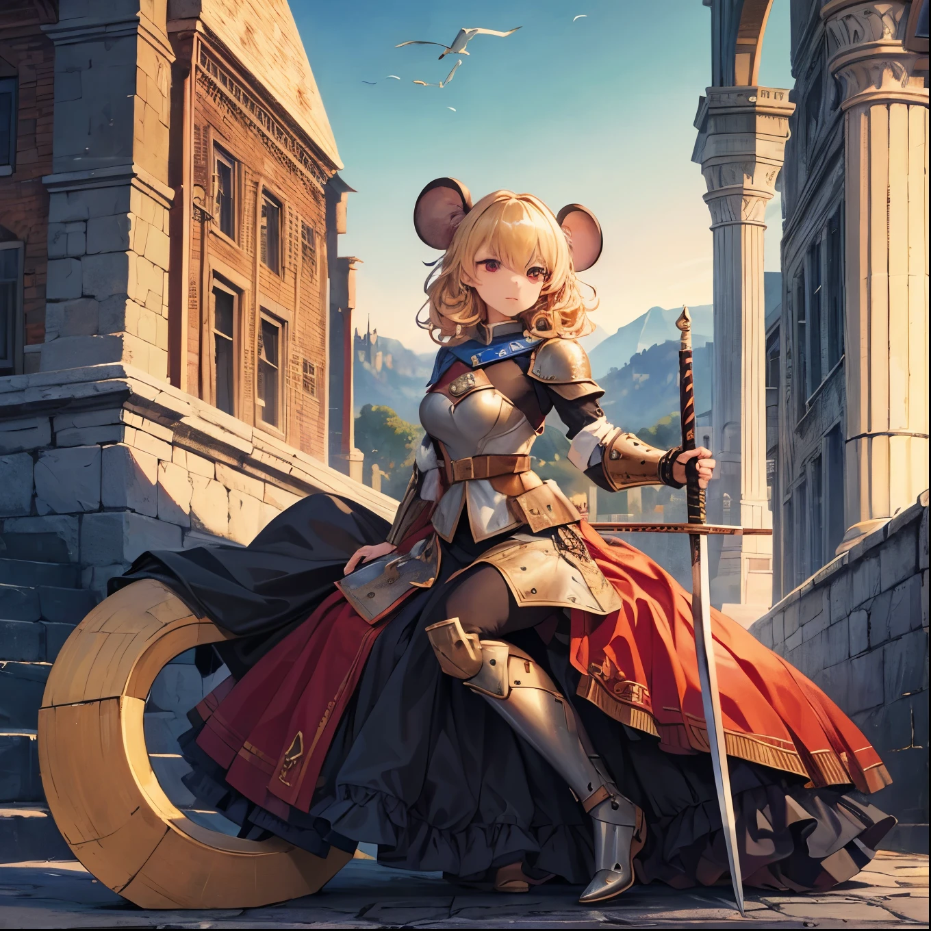 A female mouse in medieval armor from the 1200s, custom armor, holding sword, medieval castle, stone floor, long-blonde hair, curly hair. red eyes, very detailed, masterpiece, ultra resolution, perfect quality, 4k hd.
