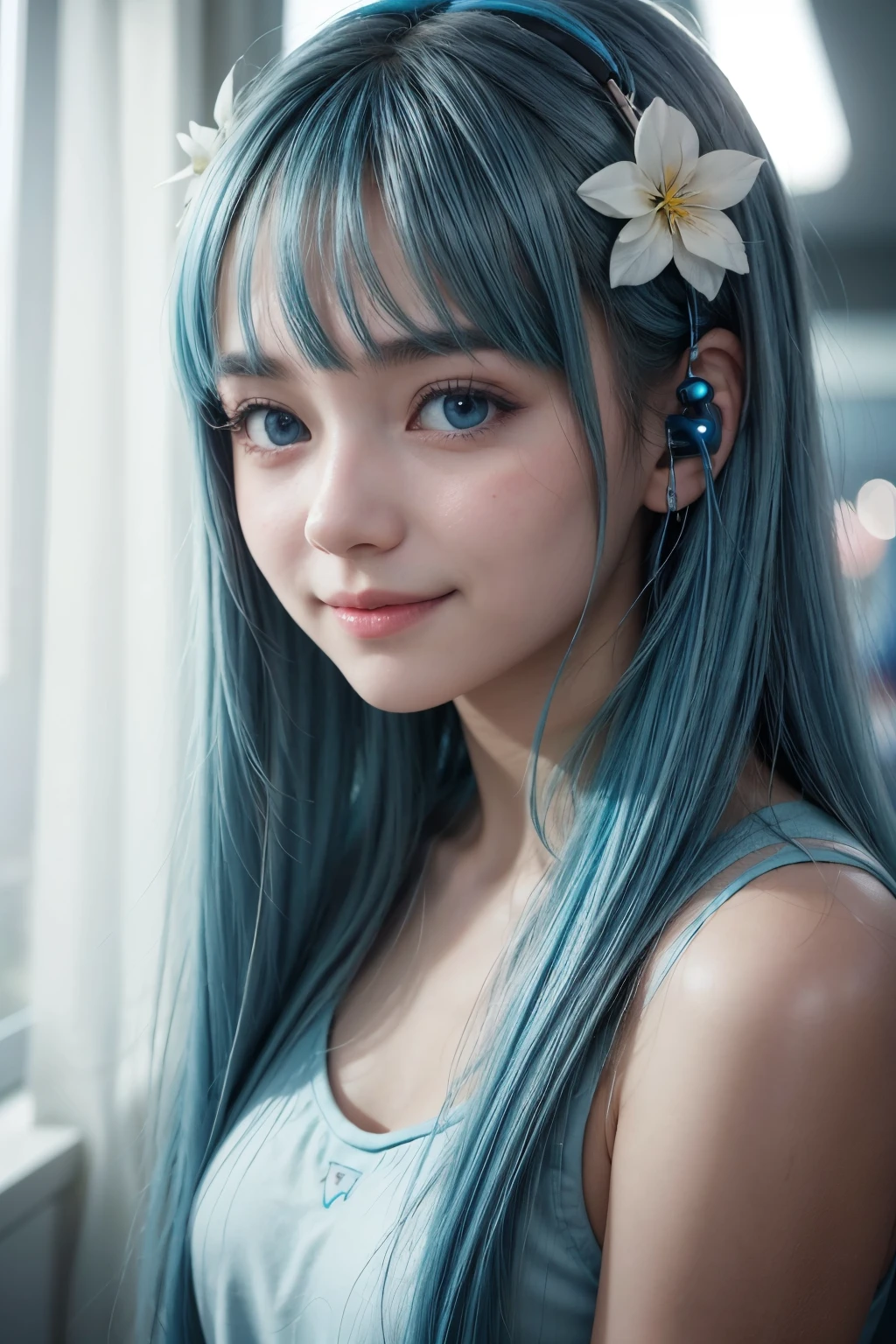 (Real: 1.4), Best Quality, Ultra High Definition, 4K, Instagram, Instagram, Details, Model Photos, Instagram, (masterpiece), (best quality), (ultra detailed),(disheveled hair),(illustration), (1girl), (Fashionable clothing), standing, Fashion model, looking at viewer, (interview), (simple background),beautiful detailed eyes, delicate beautiful face, Floating,(high saturation),(colorful splashes),colorful bubble,(shining), focus on face,  ponytail, kamisato ayaka, light blue hair, bangs, hair ring, floating flowers, floating hairs, (shining), best lighting, best shadow,