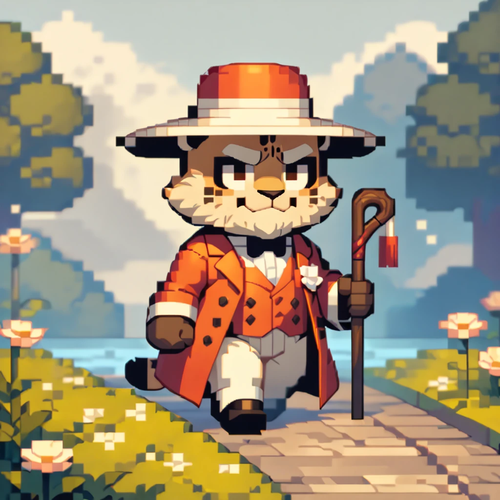 masterpiece, best quality, very aesthetic, absurdres, super fine illustration, BREAK pixel art, chibi, [face:full body:10], from above, gentleman, plump middle-aged british jaguar man, fluffy body, tail, brown eyes, beautiful beard, male face, big face, square jawline, male eyes, sharp eyes, big eyes, male eyebrows, innocent look, BREAK elegant, little smile, silk hat, walking stick, strolling, elegant pose, BREAK [simple background::12], afternoon, english garden, 