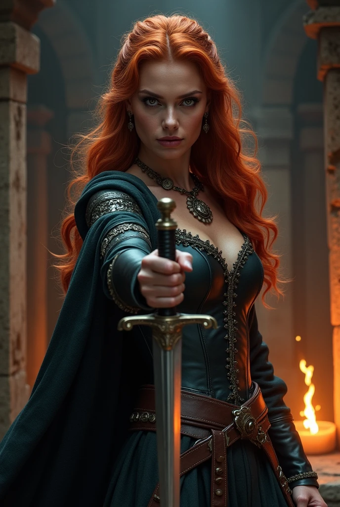Triss Merigold from the videogame The Witcher in sexy pose with sword in hand in weaponroom of a middleaged castle