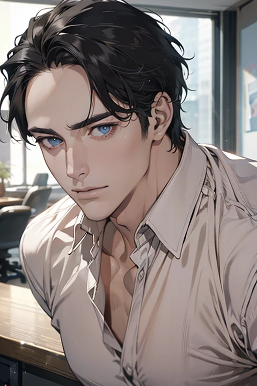 (best quality,4k,8k,highres,masterpiece:1.2),ultra-detailed,(realistic,photorealistic,photo-realistic:1.37),1 man,31 years old,mature man,very handsome,without expression,smile,short grey hair,blue eyes,penetrating gaze,perfect face without errors,imposing posture,businessman,office background,cinematic lighting,hdr image