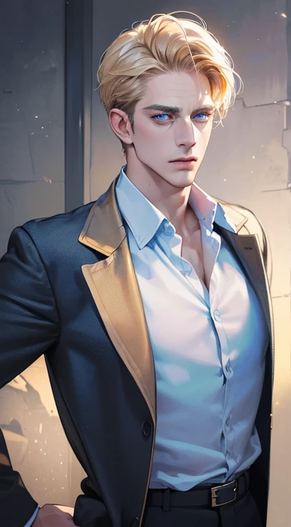 (best quality, masterpiece, 8K, photorealistic, cinematic lighting, 1:4 hdr image, ultra detailed, beautiful image), a mature man, 34 years very handsome, ((cold expression)), short golden hair, blue eyes, face perfect without mistakes, ((buttoning his jacket, CEO)), smile.