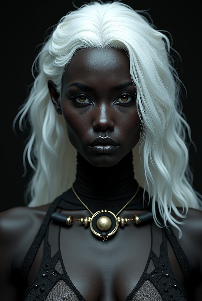 a portrait 1 woman long white hair, (dark skin), with wood and intricate stone skin, luminosity and intricate energy to details, well-shaped body, shapely legs, muscular legs, blue eyes, (bright eyes), (bright eyes), emitting a blue glow), beautiful, calm expression, intense fog hovering over the ground, (masterpiece), (CGI), (High resolution), (hyper detailed),