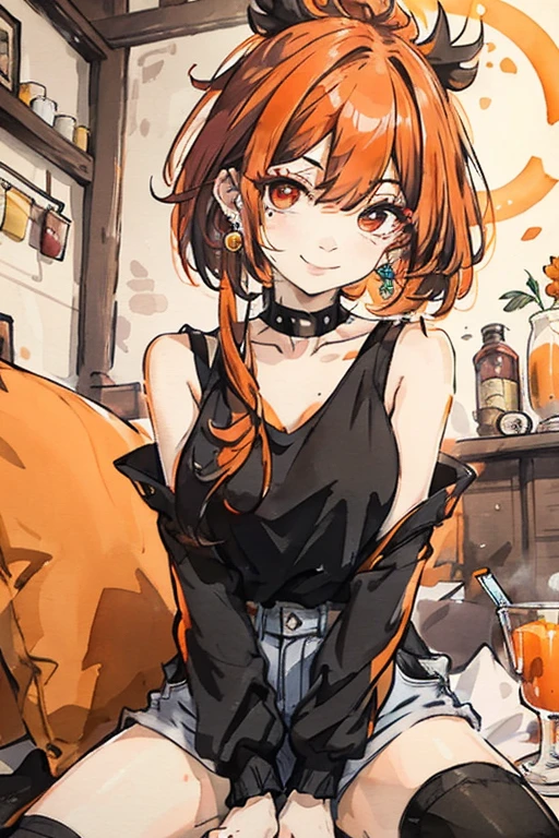 navels, (MLPDAZZLE, Orange hair, fingerless gloves, belt, jewellery, spikes, boots, Spiked Hair Band), thin body, Thin leg, (full body, cultured, lean forward, cocktail, bartender, Dress coat, Profile, looking up at viewer, Smile, Sharp eye shape, empty eyes, Neutral face, clocks:1.4), eardrop, (Best Quality,4k,8K,high resolucion,Masterpiece:1.2),Ultra-detailed,realisitic:1.37,Vivid colors, studio lit, black outline, thick outlines