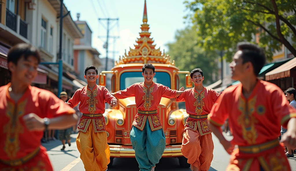 Full body Picture of a teenage boy Korean, ,thin body,15 years old wearing light brown transparent underwear , many golden and crystal accessories on body, necklace hand belt , golden shoes,topless walking in  Thailand royal palace street.