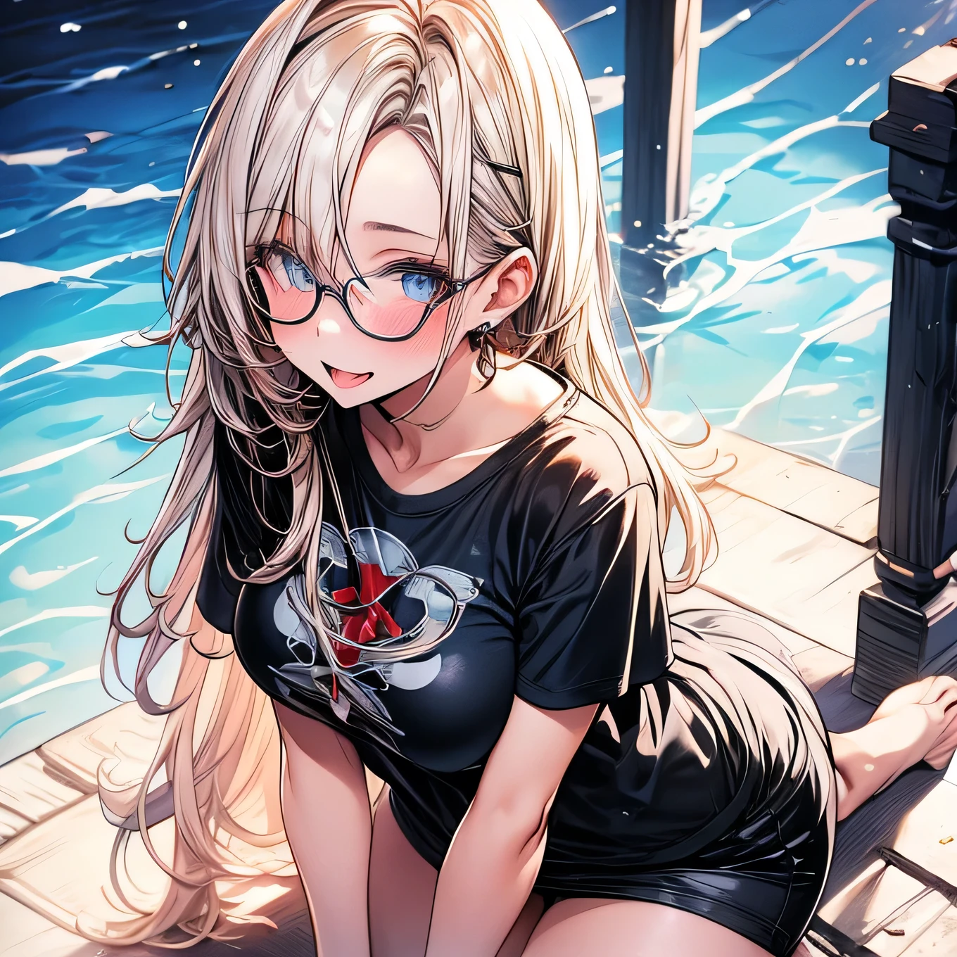 1womanl,Golden head hair, ,((Impatient expression)),Beautiful breasts,(((Thin white t-shirt))),well-styled,,(Facing the front)(((Blushing cheeks、Surprised look)),(((short braid))),((( Portrait from the knee up)))Frameless glasses,Blue eyes,(((Bangs are aligned)))((see -through))((Sexy black swimsuit,))(Wet with water),a short skirt