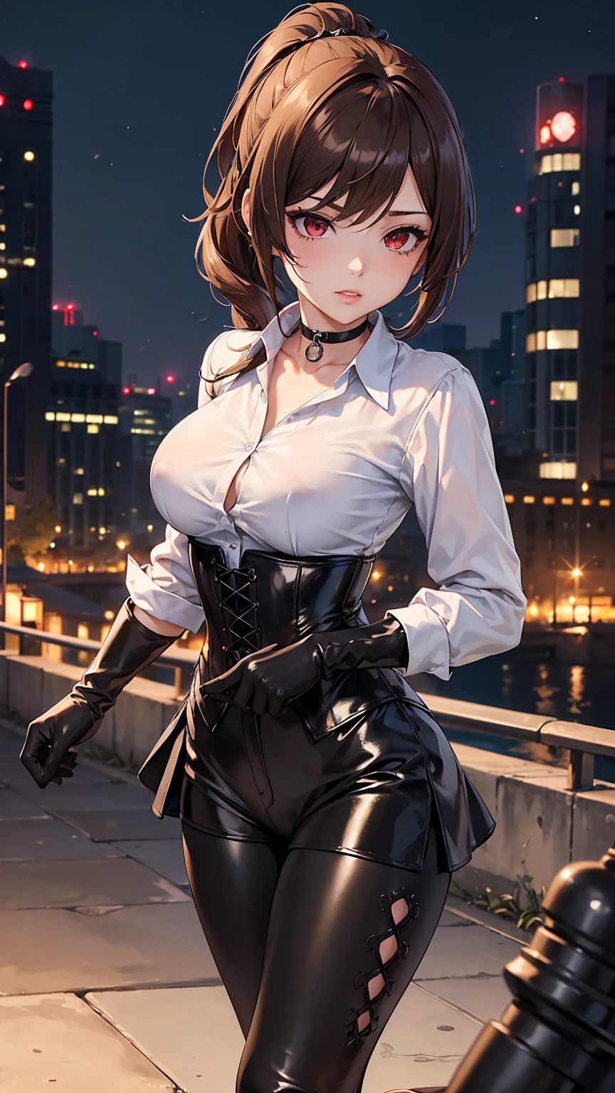 ((masterpiece)),(( The best quality)), (detailed), expressive eyes, (perfect face), 1 girl, (Chiori, genshin impact), (brown hair short ponytail), (red eyes, aggressive eyes, detailed eyes), (sensual lips), (sensual expression), (slim build), View from the front, choker:1.6, (White collar button-down shirt with white long sleeves), Black gloves, gloves that cover the hands,  (black leather corset), (black shiny leggings), (black boots), (city at night), (standing),