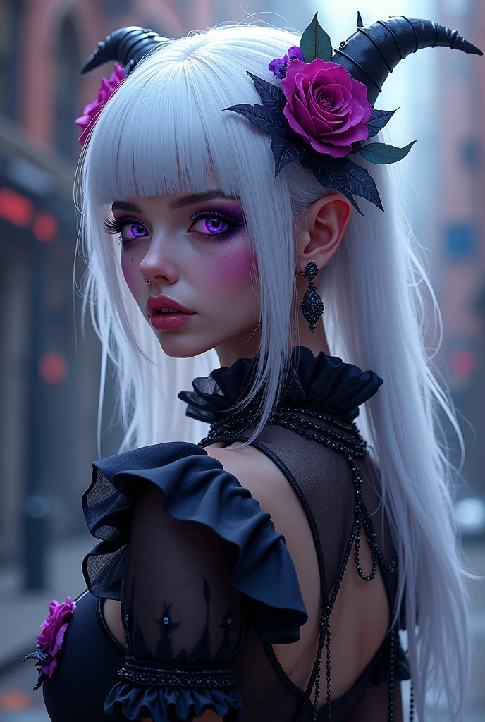 length hair,jewellery, Details, White hair, shiny hair, Highlights, rippled hair, ear rings, Herzförmige ear rings, violet eyes, Fangs, Veins of Rage, raised eyebrow, Chin lift, Devil Eyes, longeyelashes, 