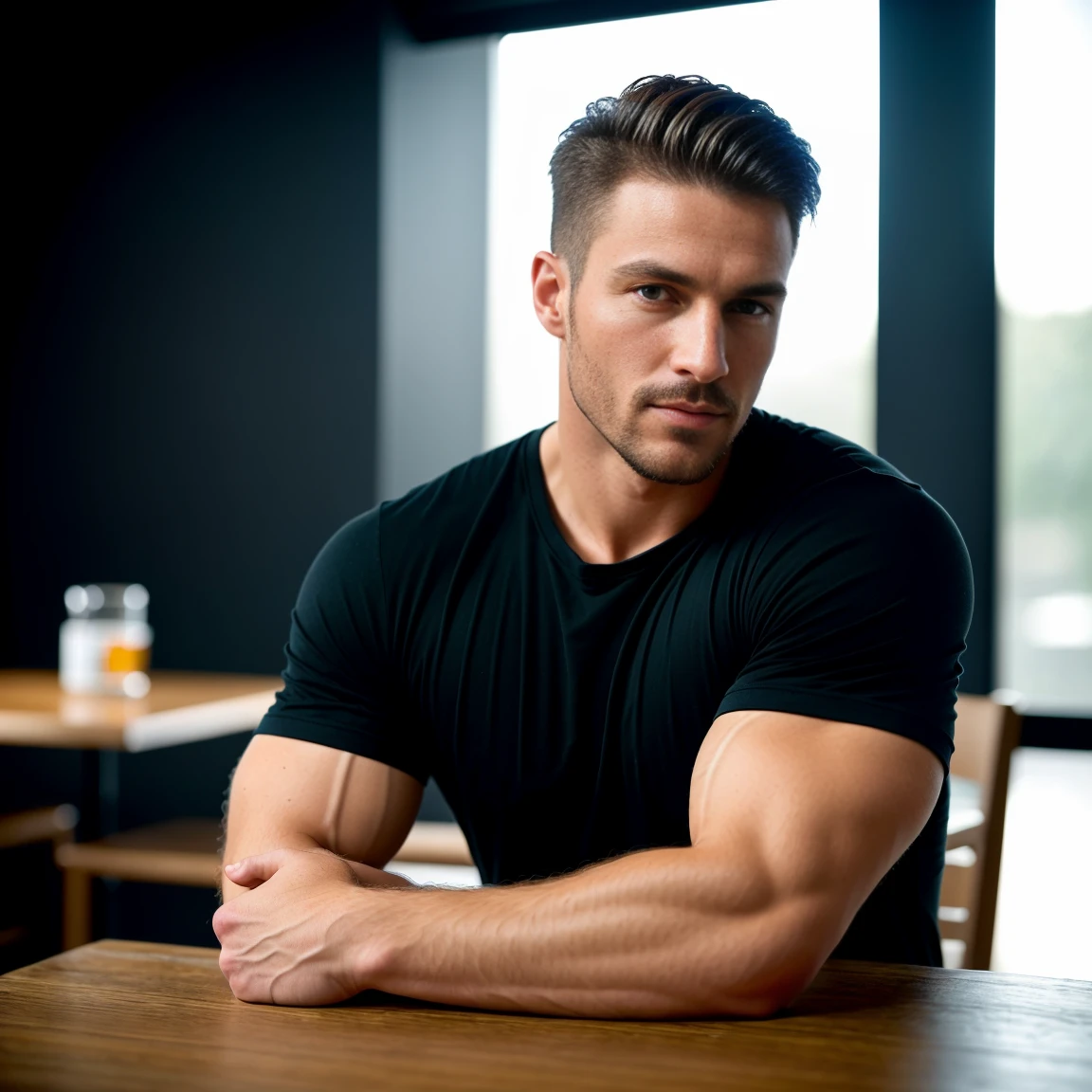 1man, A full body shot of a charismatic male fitness model, 30 years old，small beard, Sexy and charming expression，gloomy eyes，Blue eyes, captured in a restaurant, drinking coffee, wearing a black t-shirt, soft natural lighting, cinematic and moody, (best quality,4k,8k,highres,masterpiece:1.2),ultra-detailed,(realistic,photorealistic,photo-realistic:1.37),HDR,studio lighting,professional,vivid colors,dramatic lighting