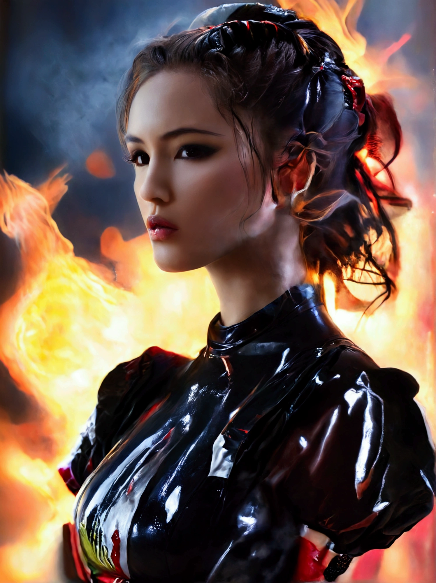 ((full body )) A beautiful young Christina Chong with large breasts wearing a black and red latex maid uniform, long detailed hair in a half-up hairstyle, highly detailed, photorealistic, vibrant colors, sharp focus, studio lighting, elegant, graceful, cinematic composition looking forward in service to the demon king as his maid and pet slave
