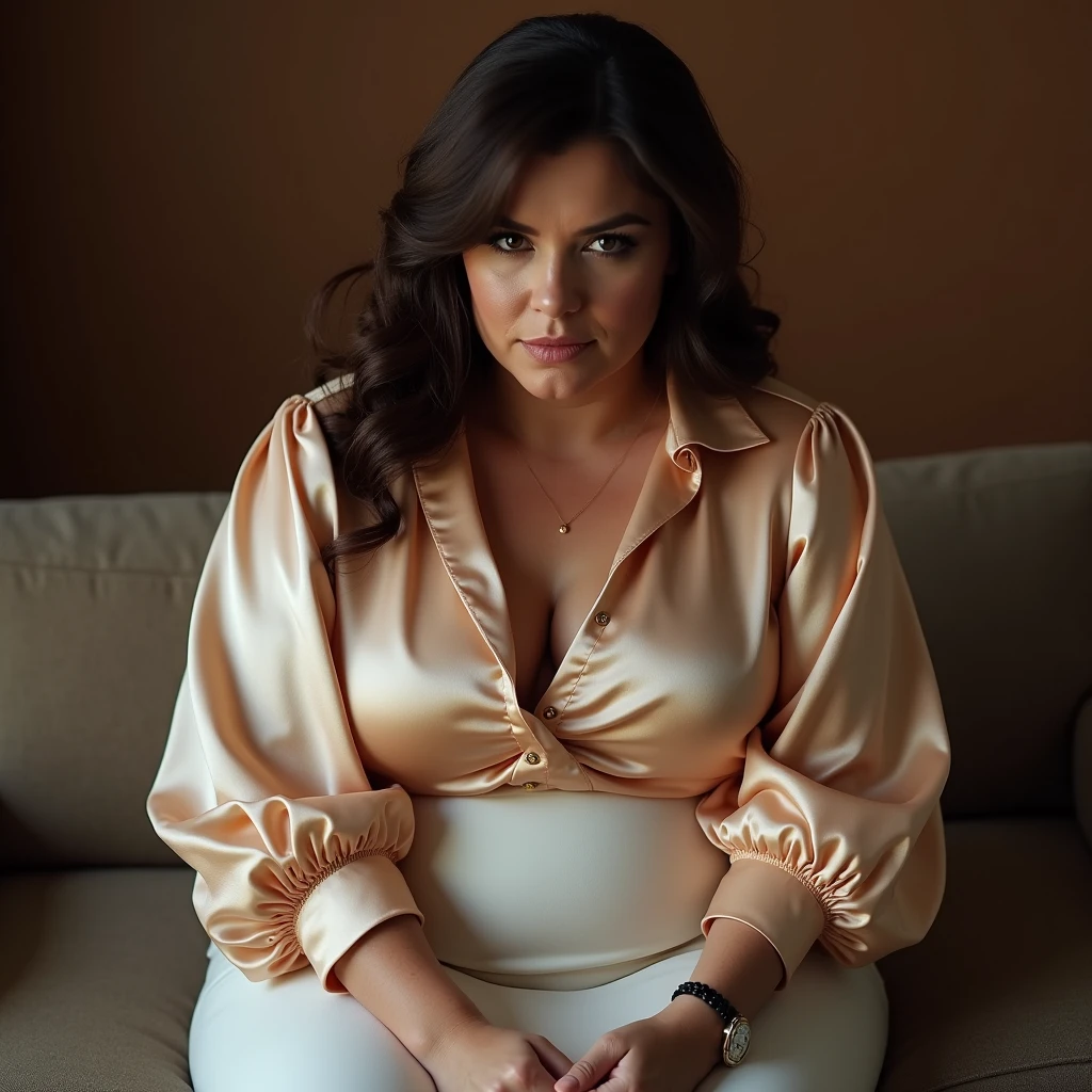A beautiful, busty mom in a white blouse and red bra, and a tight white skirt over shiny lycra pantyhose, sitting on the couch allowing a view upskirt
