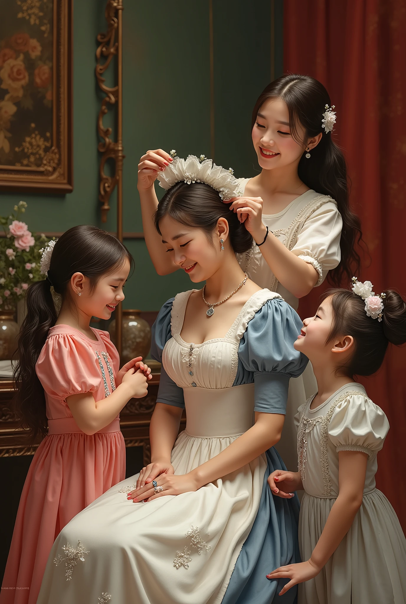 Two little girls are helping the maid and the maid-woman comb their hair。The noble lady is smiling happily。, Maid's Cousin Maid does everything with love and dedication, The maid takes great pleasure in taking care of her male master.,