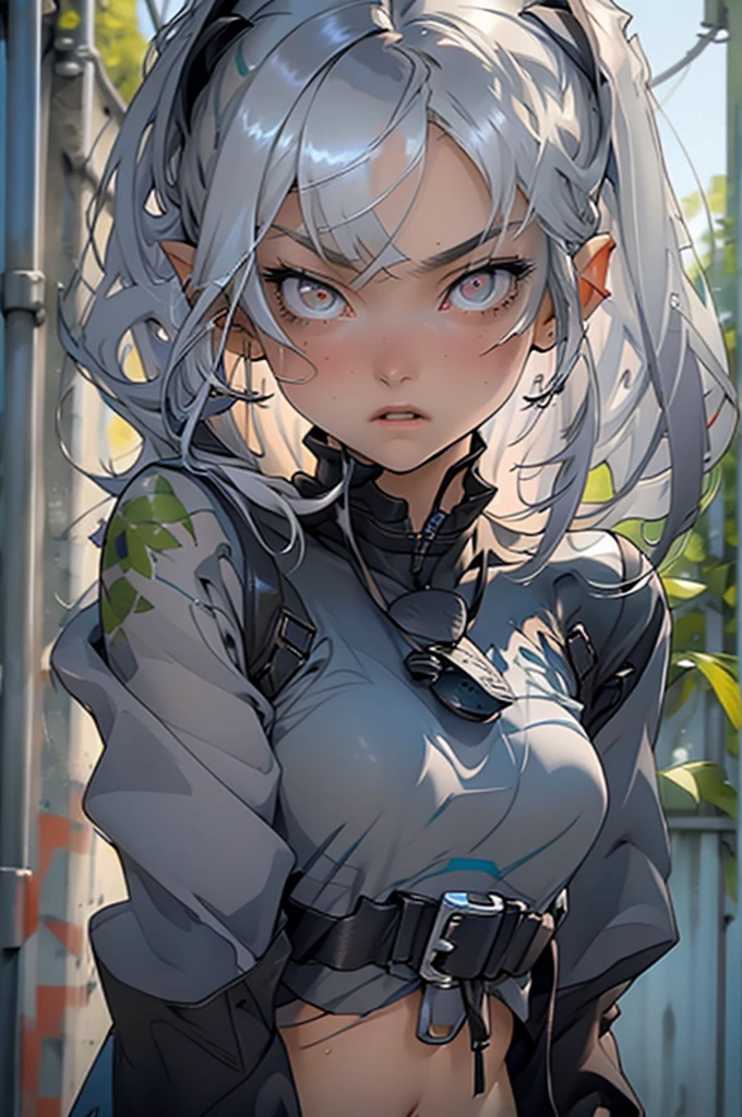  elf, grey hair, long hair, one red pupil and one blue pupil, skinny, slim, navel, pointy ears, small breasts,1girl, solo, very skin tight military unifrom, camo clothes, tight clothes, side boob showing, rifle,  side boob showing, revealing clothes, holding rifle, masterpiece, best quality, realistic, hyper-detailed, (shiny skin, sweaty:1.2), absurd, looking at viewer, slender, dynamic lighting, high resolution, sharp focus, depth of field, detailed eyes, sharp pupils, realistic pupils, , (thick thighs:1.0), outdoor, sky, fully body
