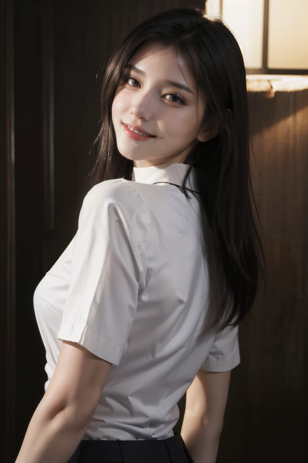 best quality, masterpiece, (photorealistic: 1.4), 1 girl, beautiful smile, happy, shirt with collar, waist up, dramatic lighting, from below