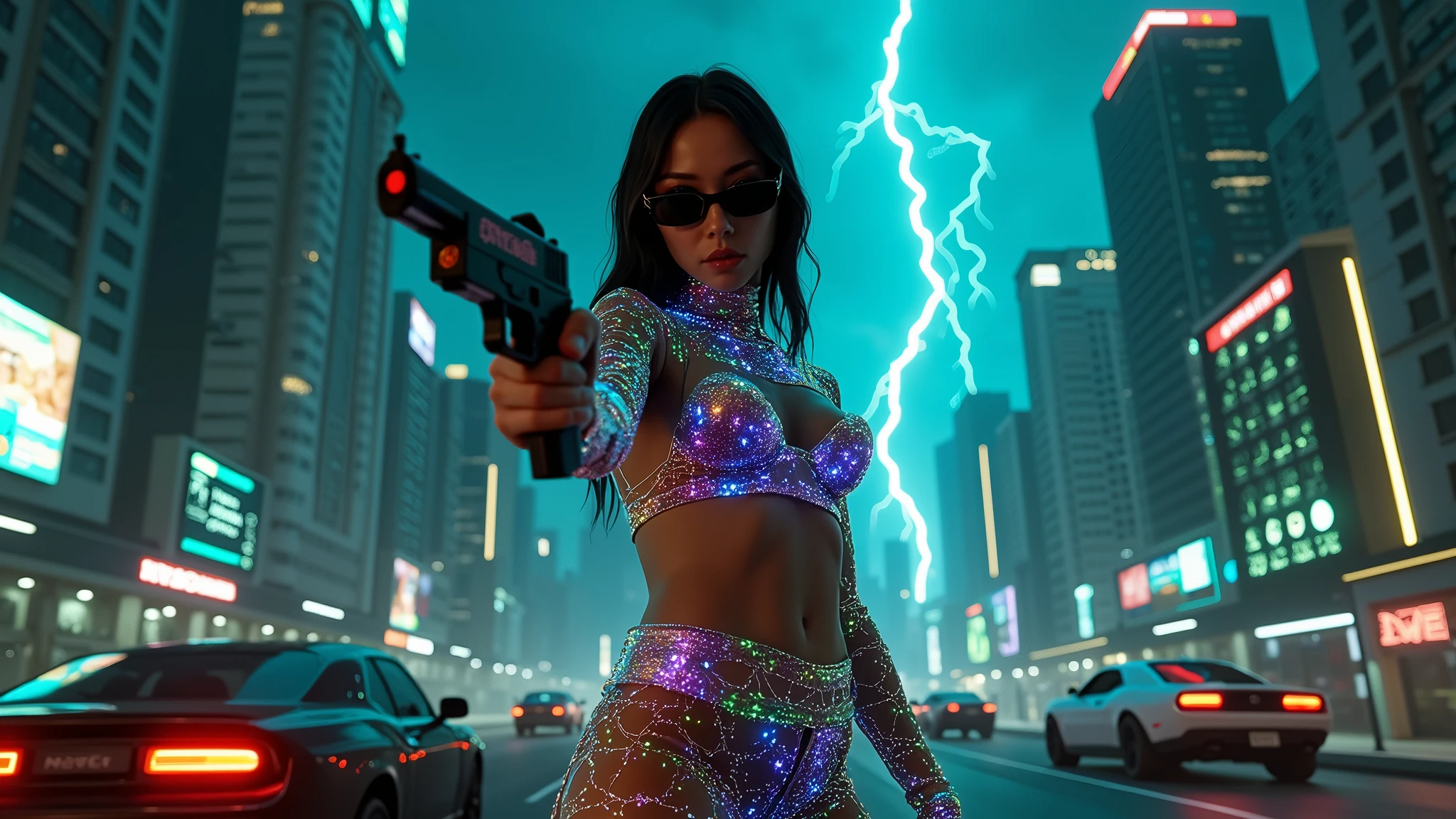 A futuristic cityscapes with colorful all-glass giant towering skyscrapers. High-resolution OLED GUI interfaces in the building, The windows are filled with transparent data visualization infographics that show it all, from weather patterns to traffic flow, Matrix cascading code. Colors are saturated and vibrant. At night, (1 female modern conjurer, solo), photo realistic, medium-breast:1.3 slim body, cleavage, sling top, miniskirt, (matrix style black sunglasses, magic power, mysterial sign, lightning), half-body thigh level medium shot, cinematic lighting, ray tracing.