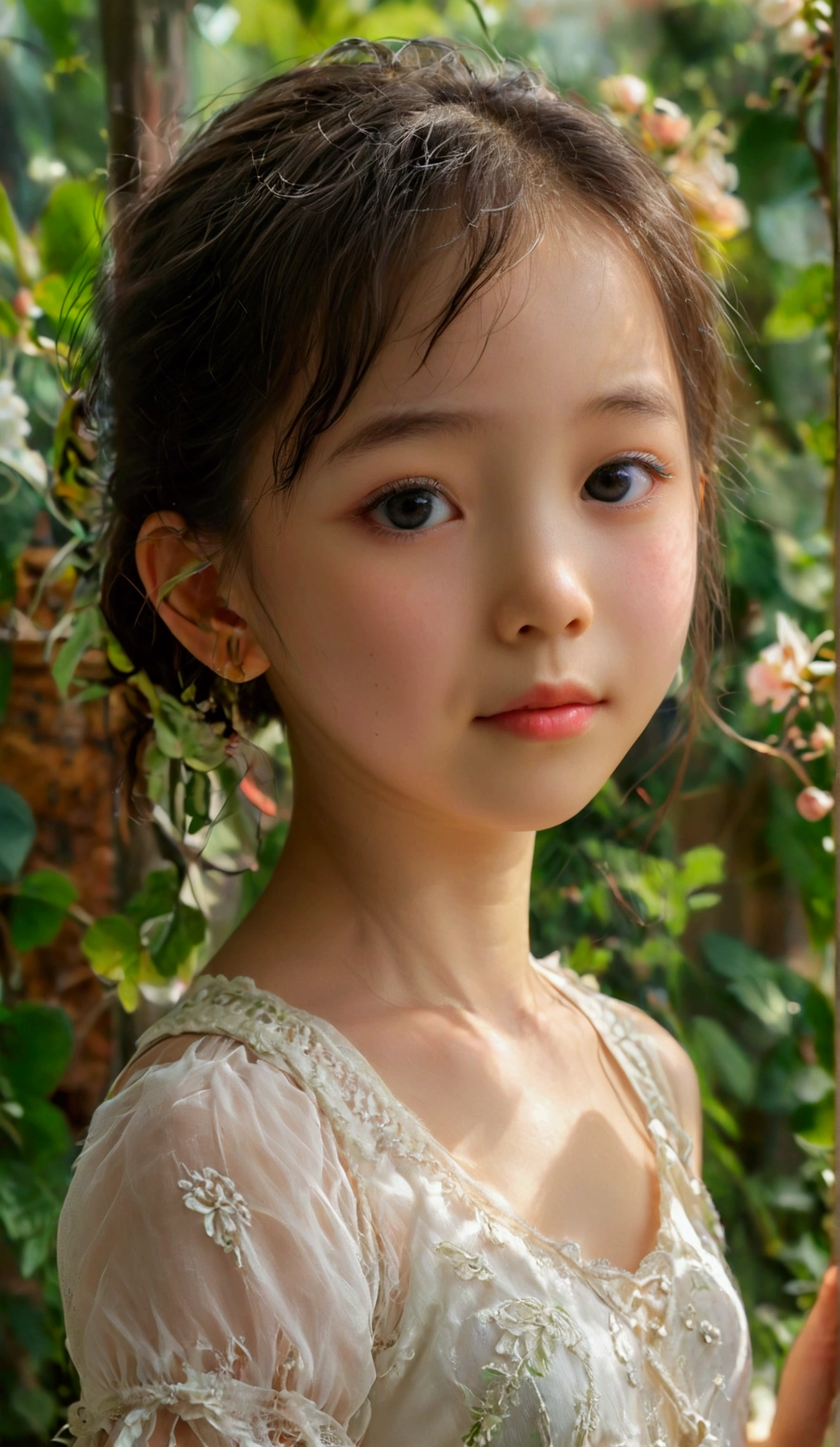 8k, masterpiece, cute, very pretty, Indonesian-Chinese, age 10, ((preteen)), pale skin, Innocent face, cute face, juvenile physique, beautiful body, Calm Eyes, White camisole dress, Her clothes are transparent and her skin is visible, adorable, blushing, pretty, flawless, Anatomically Correct, shy, embarrassed, Looking at the viewer, show off her cuteness, in the garden, natural lighting