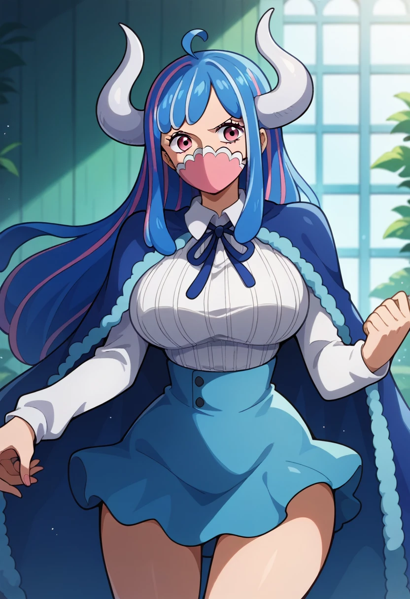 aaulti, long hair, multicolored hair, blue hair, ahoge, horns, pink eyes, mouth mask, pink mask, large breasts, blue cape, neck ribbon, ribbed shirt, white shirt, long sleeves, high-waist skirt, blue skirt