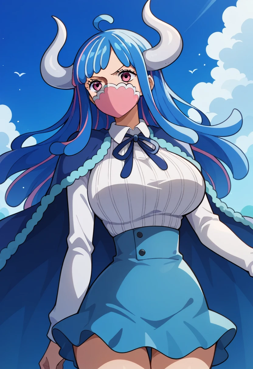 aaulti, long hair, multicolored hair, blue hair, ahoge, horns, pink eyes, mouth mask, pink mask, large breasts, blue cape, neck ribbon, ribbed shirt, white shirt, long sleeves, high-waist skirt, blue skirt