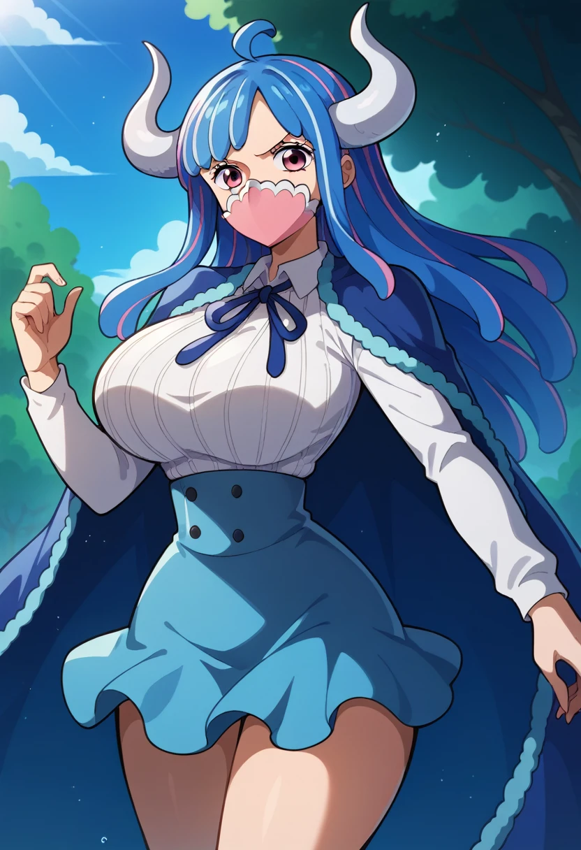 aaulti, long hair, multicolored hair, blue hair, ahoge, horns, pink eyes, mouth mask, pink mask, large breasts, blue cape, neck ribbon, ribbed shirt, white shirt, long sleeves, high-waist skirt, blue skirt