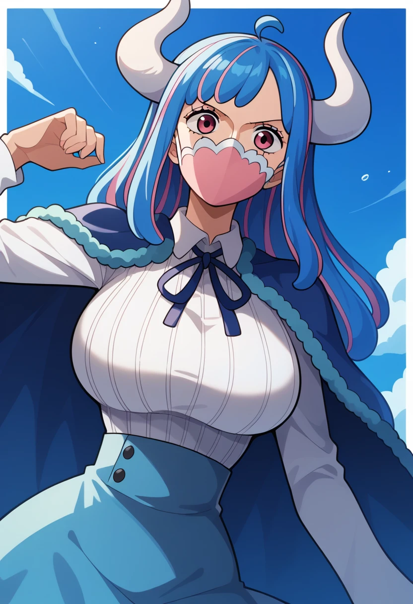 aaulti, long hair, multicolored hair, blue hair, ahoge, horns, pink eyes, mouth mask, pink mask, large breasts, blue cape, neck ribbon, ribbed shirt, white shirt, long sleeves, high-waist skirt, blue skirt