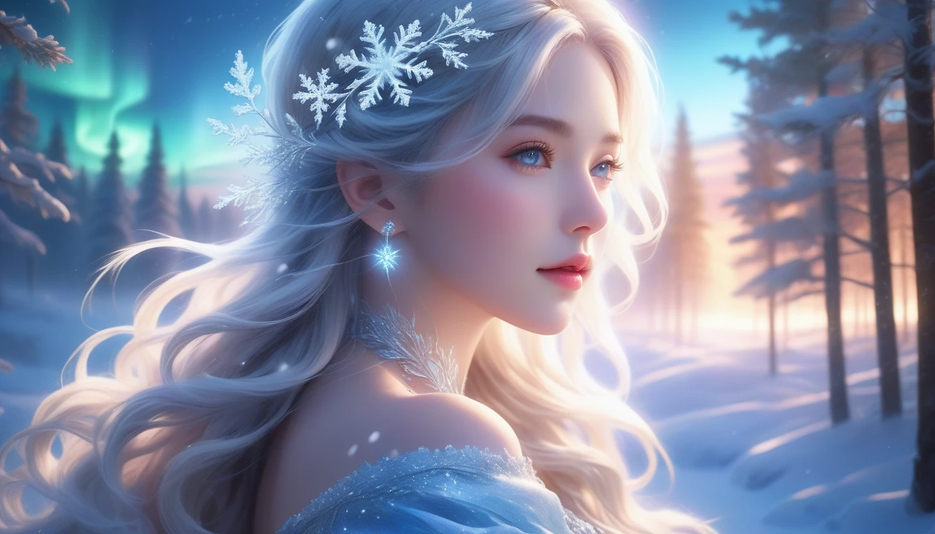 A Masterpiece In 32K Resolution, Supreme Clarity, Hyperreal Detail, Cinematic Artwork, Ultra-High-Resolution 32K Wallpaper, Majestic Lighting, Ethereal Beauty, And Immaculate Precision. The Scene Portrays A Girl Amidst A Serene, Snow-Covered Forest, Soft Flurries Falling Around Her In The Crisp Night Air. She Accentuating Her Full Bosom, With Glistening Jewelry That Dances With Her Every Shift. Her Skin Shimmers Like Frosted Glass, Radiating A Subtle Glow Against The Moonlit Snow. Her Wild, Wind-Swept Silver Hair Cascades Over Her Shoulders, Blending Effortlessly With The Pale, Icy Landscape. Glistening Crystals Of Snow Catch In Her Hair, Reflecting The Cool Light Of A Winter Night. She Is Draped In A Flowing, Ethereal Gown That Glows Softly Under The Majestic Northern Lights, Which Dance Across The Sky. Her Piercing, Ocean-Blue Eyes Stand Out Strikingly Against The Pale Environment, With An Intense, Soulful Gaze That Draws The Viewer In. Her Jewelry, Embellished With Frosted Gems, Glimmers As She Moves Gracefully Through The Snow-Laden Forest. The Cinematic Lighting Highlights The Depth And Immensity Of The Snow-Covered Scene, While Her Mystical Aura Exudes Grace And Elegance. The Hyper-Realistic Detail Captures Her Serene Yet Powerful Presence, Surrounded By The Whispering Silence Of The Winter Landscape, With Each Snowflake Illuminated In The Crisp Air Around Her.