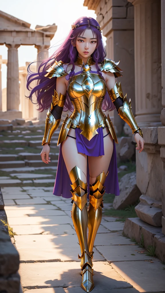 
((1woman))) Beautiful Korean girl, Ultra-realistic photoshoot with cutting-edge details by Camus, Greek ruins backdrop. Shiny golden metal armor, saint seiya armor, (((Cancer armor))), sexy armor, Show your waist, Show your leg, Long purple hair, Lively pose, Beautiful, symmetrical light brown eyes with details, Beautiful face with details, walking at the Ancient Greek, Ancient Greek, uhd, 8k