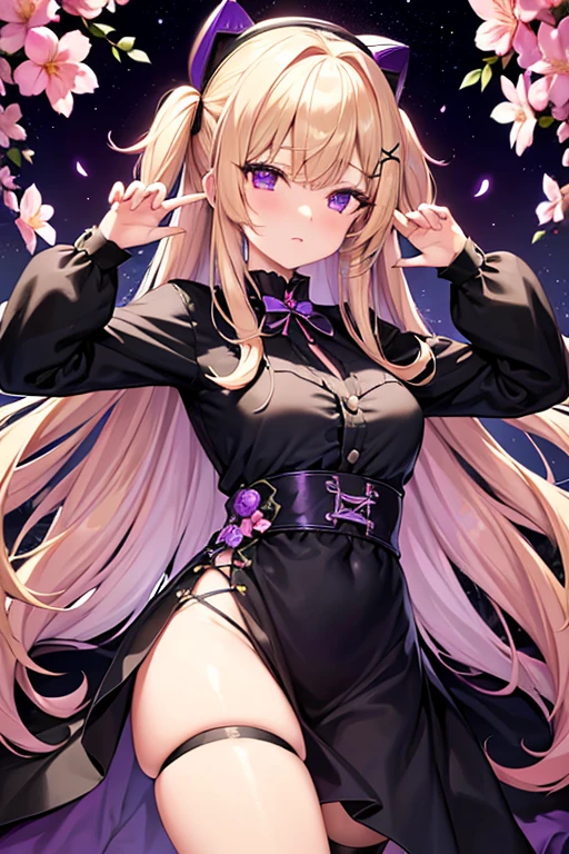 Waifu, blonde hair with violet eyes, high resolution, with a dress negro ,fox ears, with a x hair clip, with neon purple locks of hair and a flower blancas crown, con cola de zorro, con armadura 