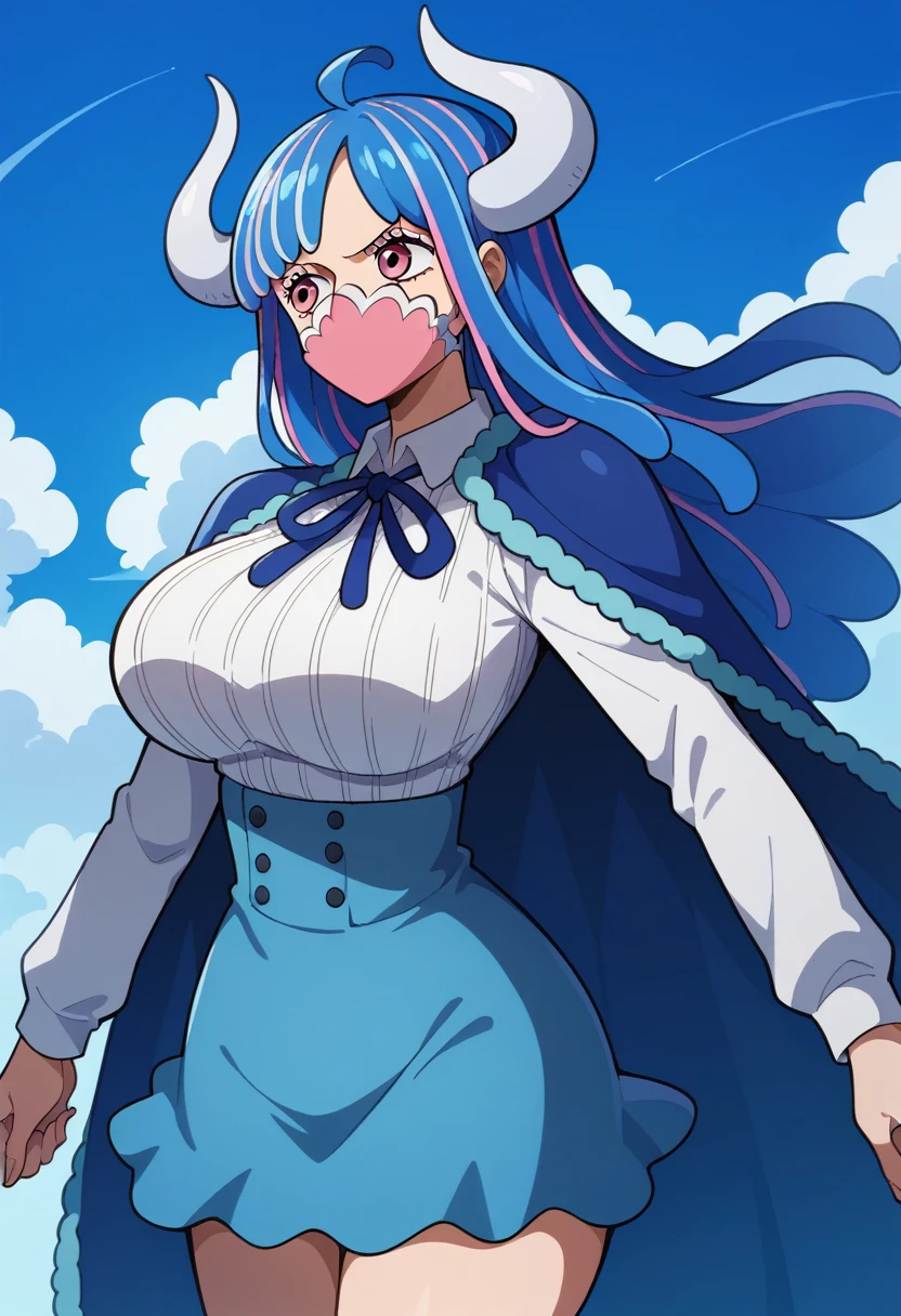 aaulti, long hair, multicolored hair, blue hair, ahoge, horns, pink eyes, mouth mask, pink mask, large breasts, blue cape, neck ribbon, ribbed shirt, white shirt, long sleeves, high-waist skirt, blue skirt, standing