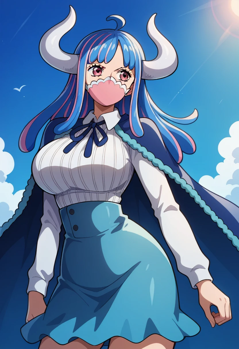 aaulti, long hair, multicolored hair, blue hair, ahoge, horns, pink eyes, mouth mask, pink mask, large breasts, blue cape, neck ribbon, ribbed shirt, white shirt, long sleeves, high-waist skirt, blue skirt, standing