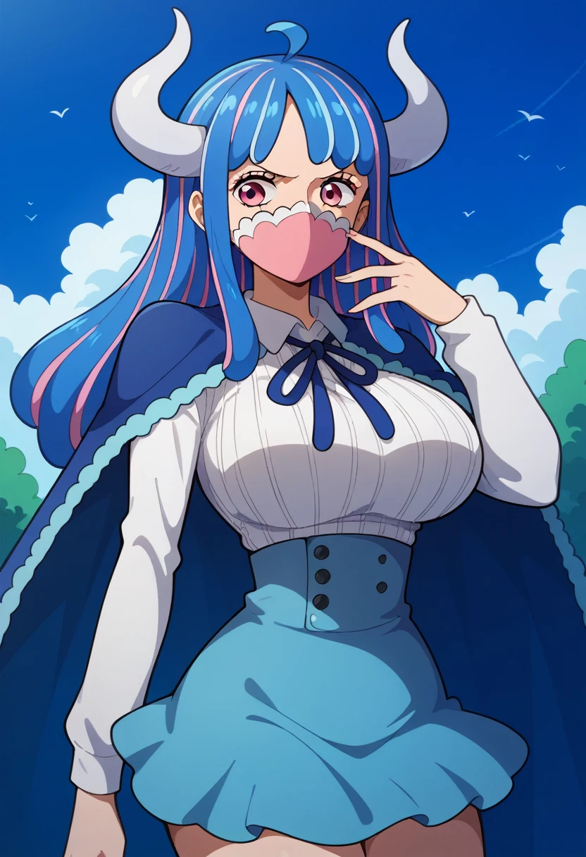 aaulti, long hair, multicolored hair, blue hair, ahoge, horns, pink eyes, mouth mask, pink mask, large breasts, blue cape, neck ribbon, ribbed shirt, white shirt, long sleeves, high-waist skirt, blue skirt, standing