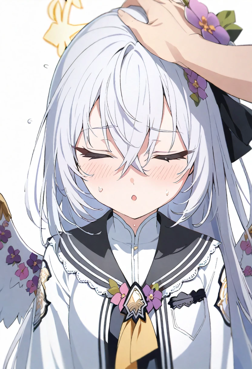 azusa \(blue archive\), 1girl blush closed_eyes flower grey_hair hair_between_eyes hair_flower hair_ornament happy headpat long_hair open_mouth school_uniform simple_background solo_focus sweat white_background wings blush masterpiece,upper_body  best quality