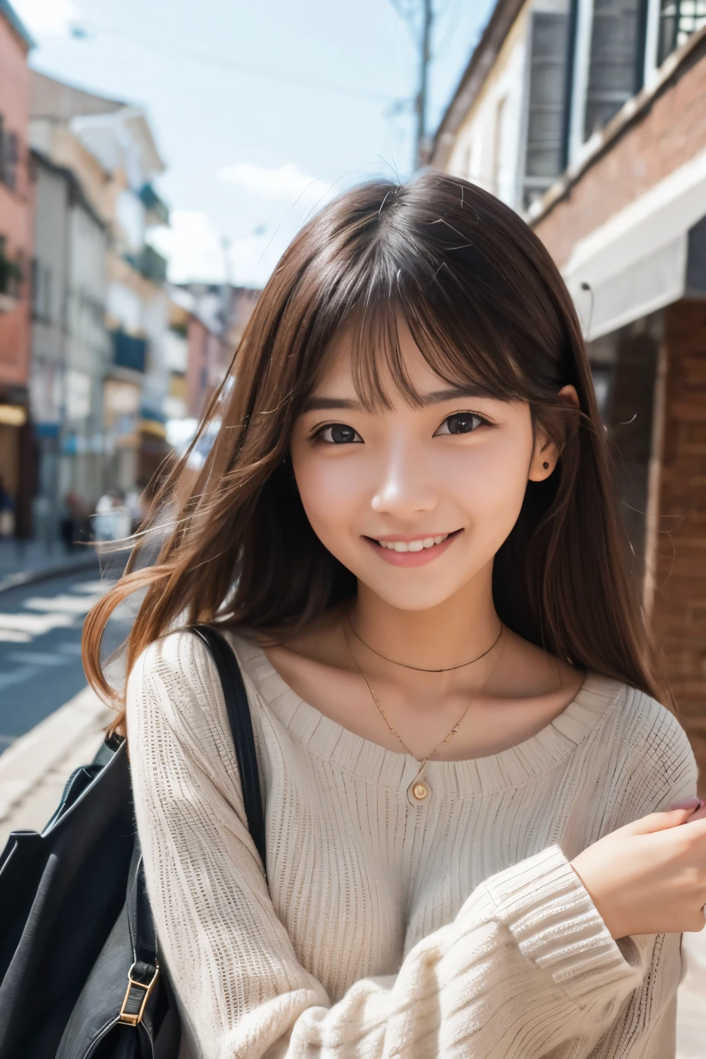 one person's, (beautiful girl, Delicate:1.3), (18-year-old:1.3), break, (blouse:1.3), break, Extremely detailed clarity, (Symmetrical eyes:1.3), break, (Street Snap:1.3), perfectly trimmed fingers, break, Small breasts, Brown eyes, Parted bangs, Brown Hair, break, (Eye and facial details:1.0), break, (masterpiece, Highest quality, Very detailed, Detailed face, 8k),smile