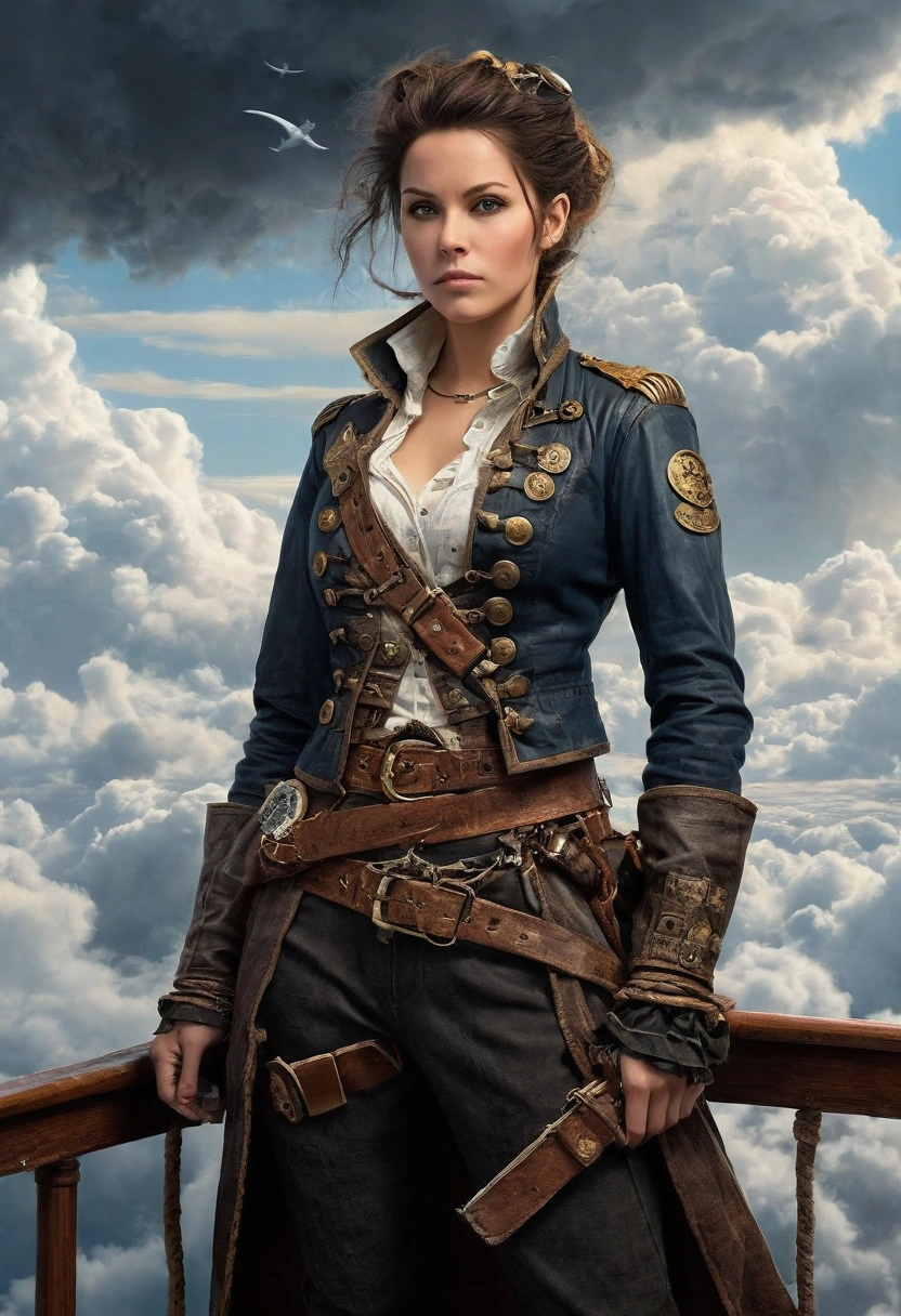 Imagine a daring sky-pirate captain, standing on the deck of an airship high above the clouds, wearing a cropped jacket that reveals her athletic midriff and navel. The jacket is adorned with patches and buckles, while a belt with various tools and weapons wraps around her waist, further drawing attention to her toned abdomen. The sky behind her is filled with other airships and stormy clouds, adding a thrilling sense of adventure and danger to her commanding presence