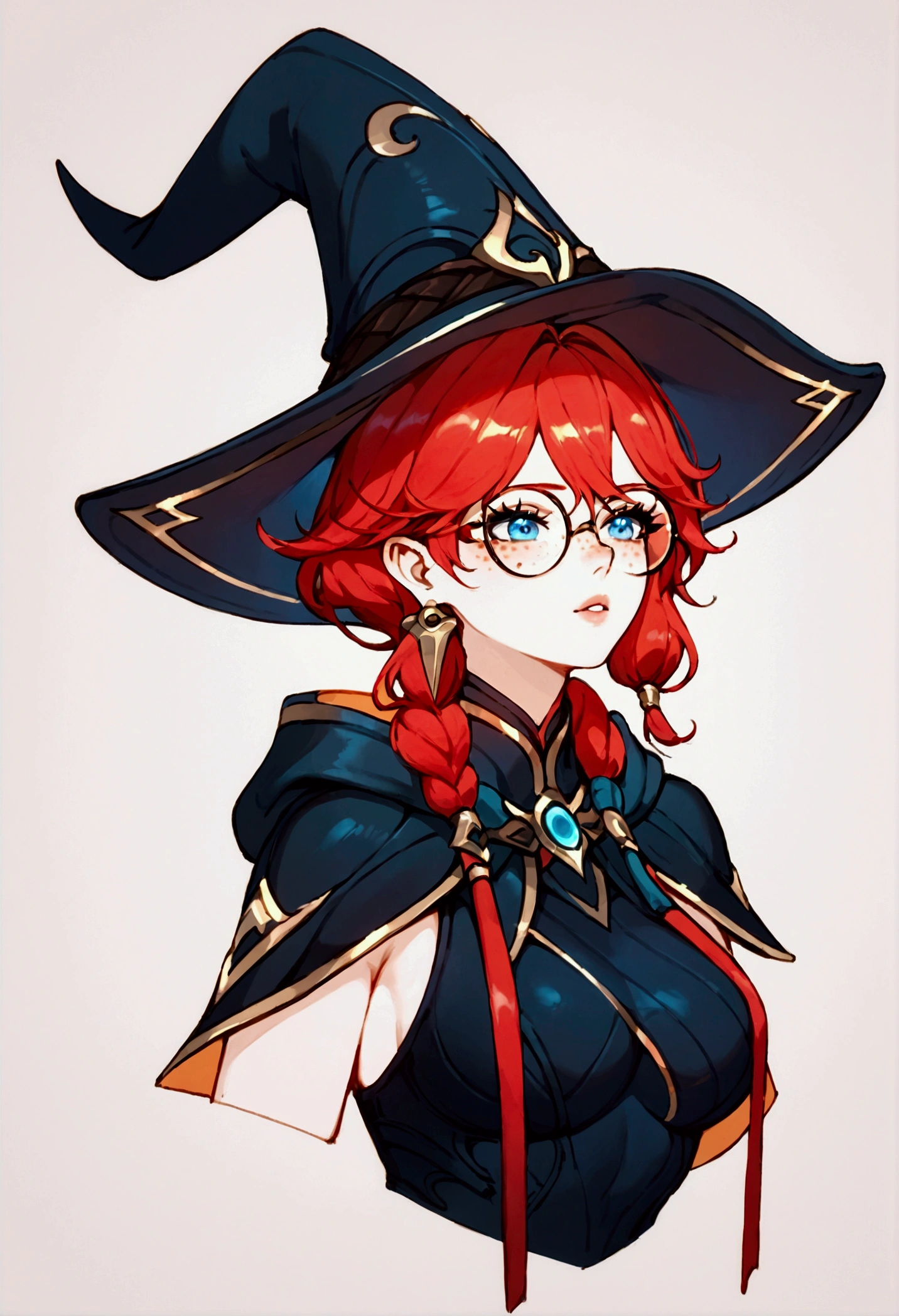 score_9, score_8_up, score_7_up, Aurora (league of legends), 1 girl, blue eyes, bunny ears, red hair, freckles, round glasses, sexy, full body, squinty eyes, earrings, long eyelashes, sexy, big bust, pretty face, witch hat