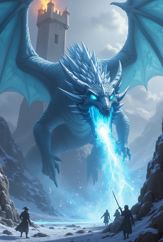 Dragon flying and spitting blue fire flames, on a cliff by the sea with choppy waves and a silver full moon