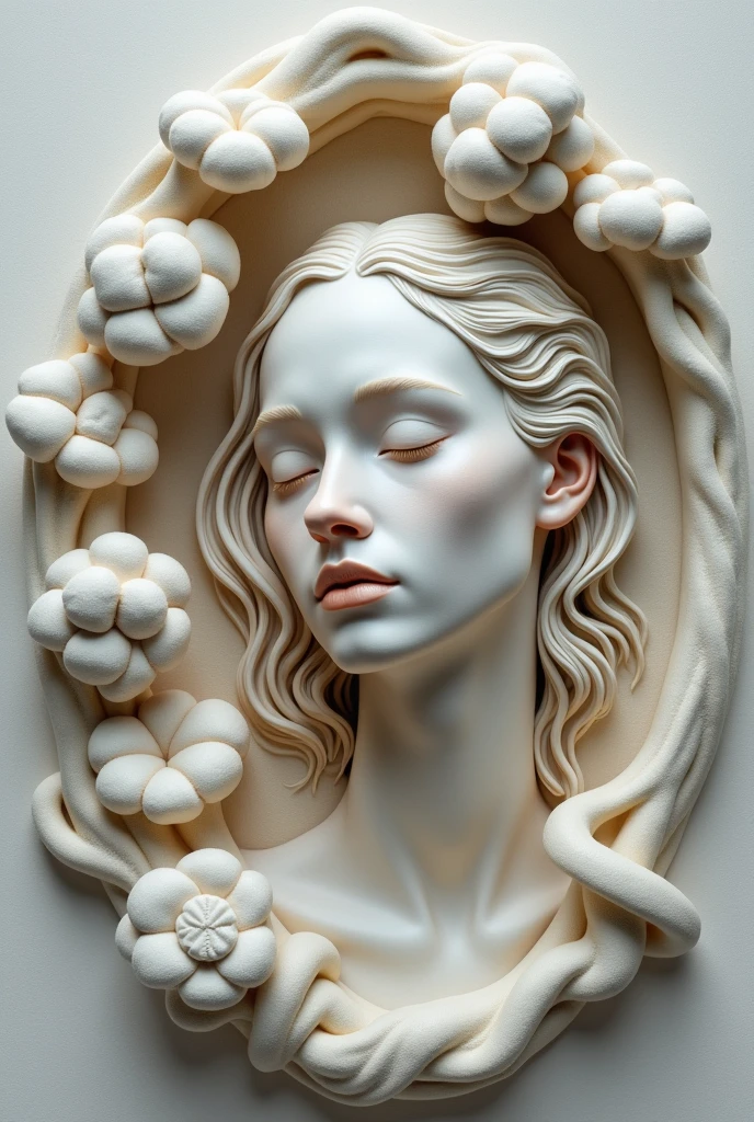 Sexy girl with long straight hair turned into a white statue