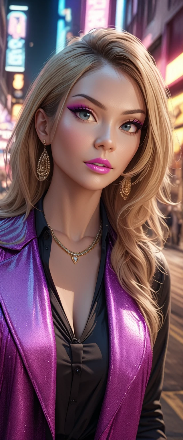 a beautiful gyaru, elegant gyaru woman, flawless skin, long eyelashes, glossy lips, stylish makeup, blonde hair, fashionable outfit, cute expression, confident pose, scenic city background, neon lights, cinematic lighting, vibrant colors, digital art, intricate details, photorealistic, (best quality,4k,8k,highres,masterpiece:1.2),ultra-detailed,(realistic,photorealistic,photo-realistic:1.37)