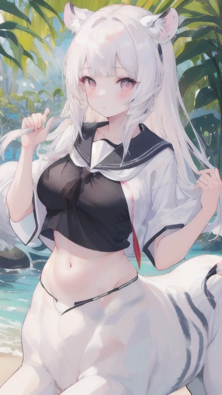 (best quality, masterpiece), 1 girl, centaur, It takes, White skin, Korean , Smiling,exposing the abdomen,belly button t-shirt,Spa, 아름다운 소녀 perfect white tiger photo, perfect white tiger photo