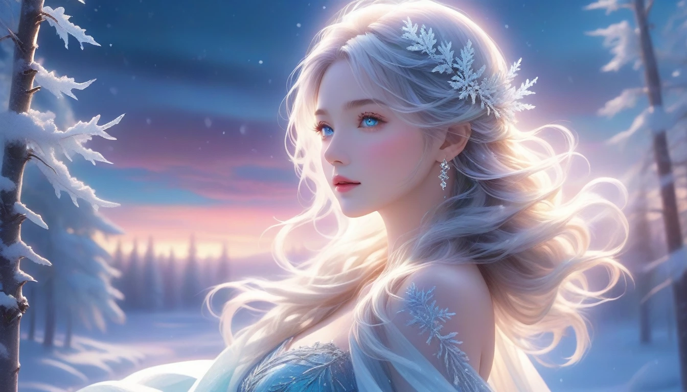 A Masterpiece In 32K Resolution, Supreme Clarity, Hyperreal Detail, Cinematic Artwork, Ultra-High-Resolution 32K Wallpaper, Majestic Lighting, Ethereal Beauty, And Immaculate Precision. The Scene Portrays A Girl Amidst A Serene, Snow-Covered Forest, Soft Flurries Falling Around Her In The Crisp Night Air. She Accentuating Her Full Bosom, With Glistening Jewelry That Dances With Her Every Shift. Her Skin Shimmers Like Frosted Glass, Radiating A Subtle Glow Against The Moonlit Snow. Her Wild, Wind-Swept Silver Hair Cascades Over Her Shoulders, Blending Effortlessly With The Pale, Icy Landscape. Glistening Crystals Of Snow Catch In Her Hair, Reflecting The Cool Light Of A Winter Night. She Is Draped In A Flowing, Ethereal Gown That Glows Softly Under The Majestic Northern Lights, Which Dance Across The Sky. Her Piercing, Ocean-Blue Eyes Stand Out Strikingly Against The Pale Environment, With An Intense, Soulful Gaze That Draws The Viewer In. Her Jewelry, Embellished With Frosted Gems, Glimmers As She Moves Gracefully Through The Snow-Laden Forest. The Cinematic Lighting Highlights The Depth And Immensity Of The Snow-Covered Scene, While Her Mystical Aura Exudes Grace And Elegance. The Hyper-Realistic Detail Captures Her Serene Yet Powerful Presence, Surrounded By The Whispering Silence Of The Winter Landscape, With Each Snowflake Illuminated In The Crisp Air Around Her.