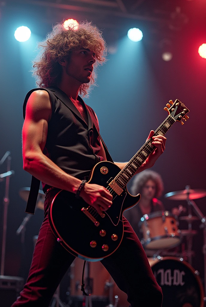 Realistic photo of rock musician in leather jacket, shirtless singing with a guitar and on a stage 

