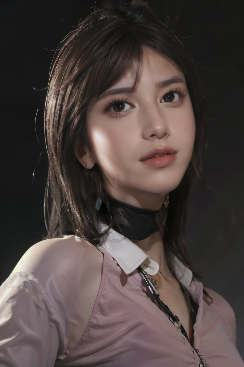 best quality, masterpiece, (photorealistic: 1.4), 1 girl, beautiful smile, happy, shirt with collar, waist up, dramatic lighting, from below