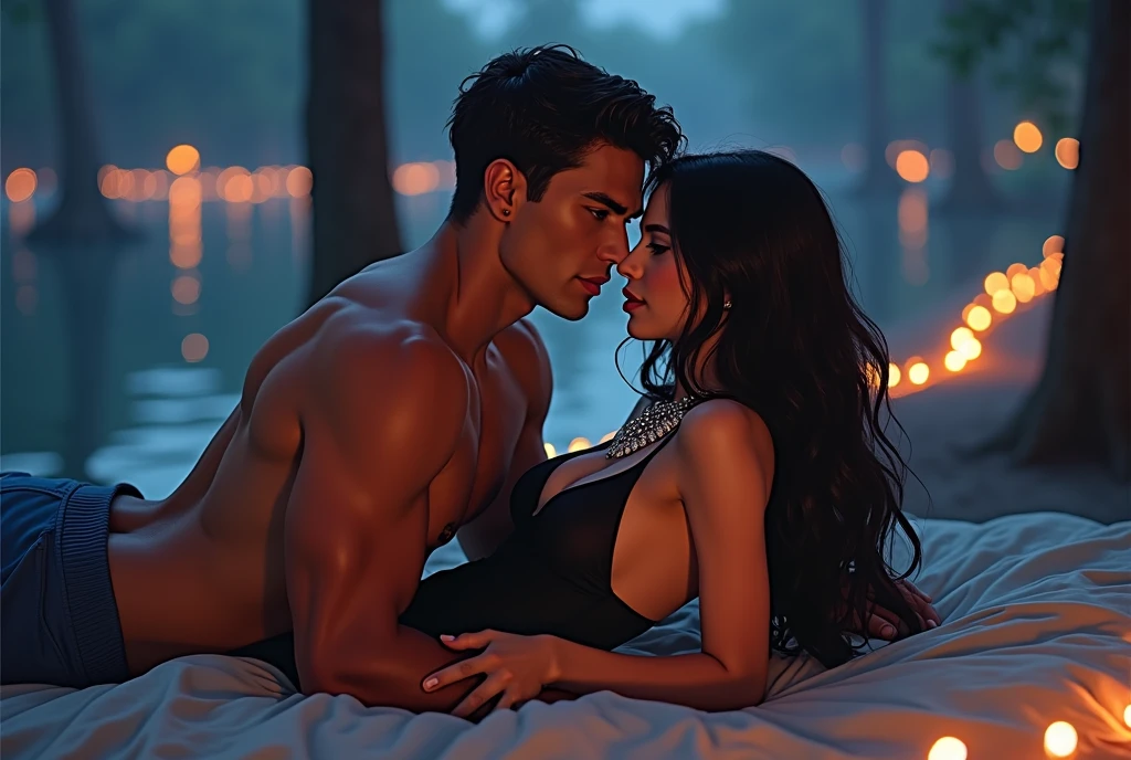 A brunette girl with a big dick guy on pool side