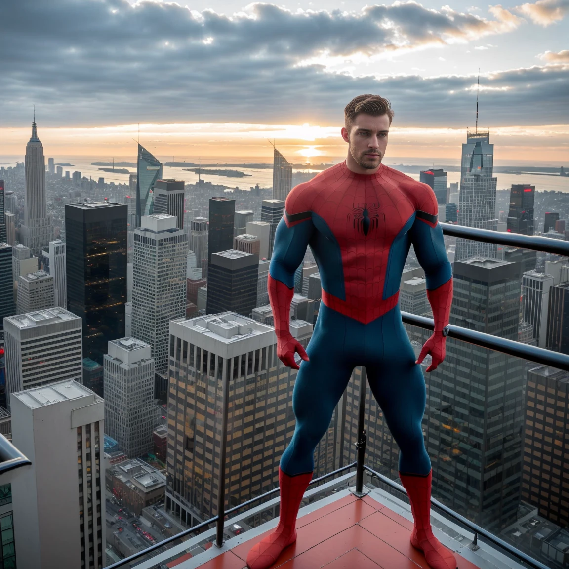 1man, A full body shot of a charismatic male fitness model, 30 years old，small beard, Sexy and charming expression，gloomy eyes，Blue eyes, captured squatting on city rooftop edge, wearing a spider-man costume, nomask, soft natural lighting, cinematic and moody, (best quality,4k,8k,highres,masterpiece:1.2),ultra-detailed,(realistic,photorealistic,photo-realistic:1.37),HDR,studio lighting,professional,vivid colors,dramatic lighting