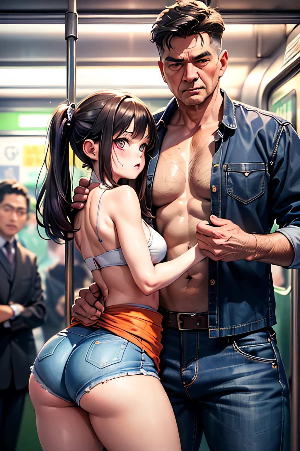 sfv, Realistic, Masterpiece, Very crowded subway train interior detailed scene, Very crowded subway train interior detailed background, Stand crazy (Woman 1) Use sexy (()), ((Bare-bodied)), (Big ass), (Thick), (Fear expression), Be red in the face, Old little man butt touching woman from behind 1,(((The old man pressed his chest against Woman 1's back))) and (((Hold her waist behind you)))