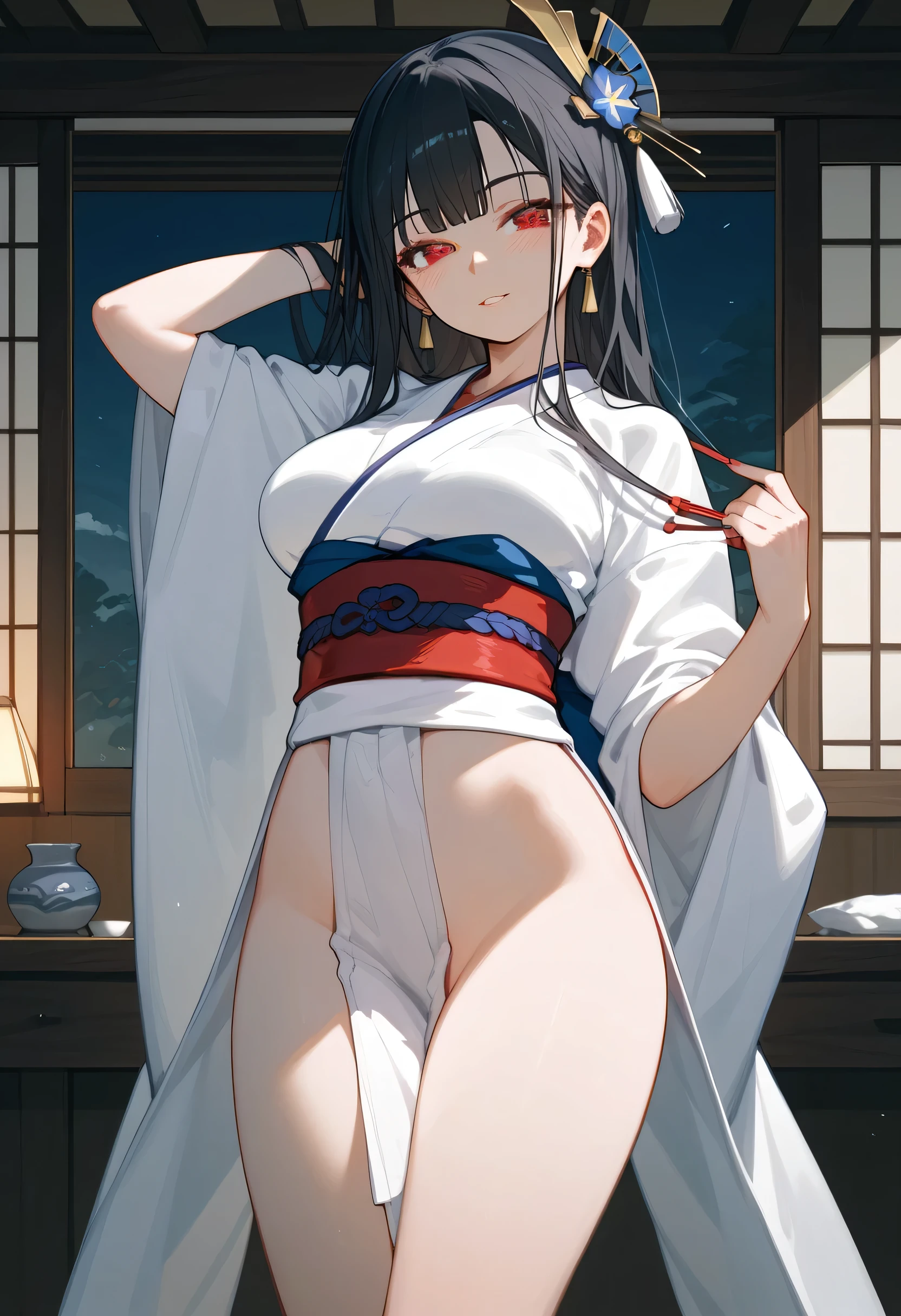 A wife，Single ponytail on the side，Black-brown hair，There is a mole under the left eye，Solo，Big breasts，Wear a sexy kimono yukata，inside in room，Masturbation，And the shape of the female genital organs is clearly visible，There are deep lip prints on the panties，put your hands on your panties，The panties are wet，The body is wet，Sweat，orgasmc，Desire for dissatisfaction，White stockings，There is sperm flowing out between the thighs，The mouth is full of sperm，Bend over，Back view