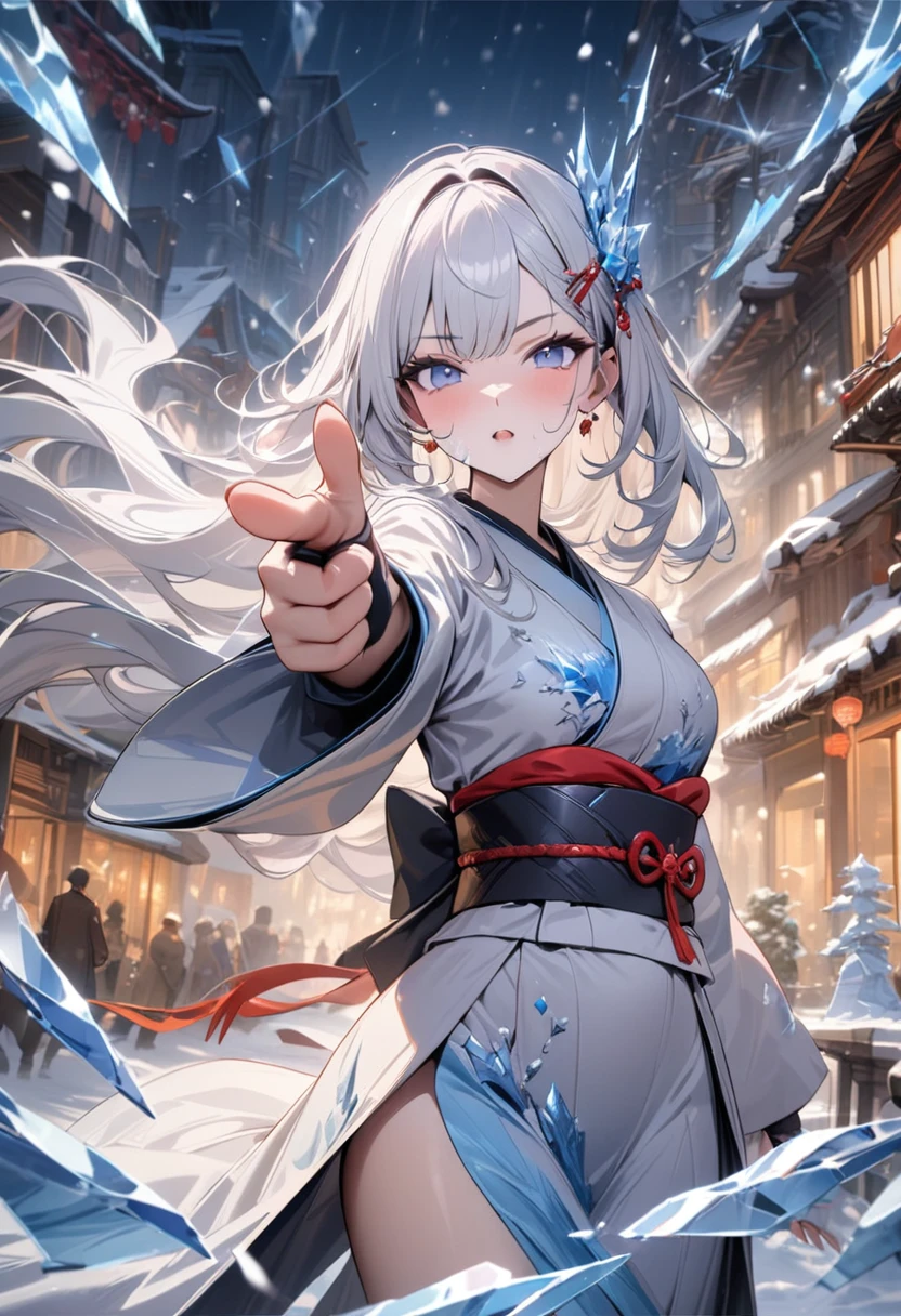 1girl, solo,white hair, long flowing hair, side bangs, hair accesories, hair pin, frozen effects,((finger less glove)),snowy princess, (((pointing forefinger gun at viewer))), ice dragon on the background,Wind slash, japanese kimono, floating snow flakes, flakes, town, intense scene, mystical atmosphere,doing action,gloss:0,5 Active Effect,(masterpieces:1.7),(best quality),(anatomy perfect),(detailed face),Newest,shattered glass screen,gloss:0.5