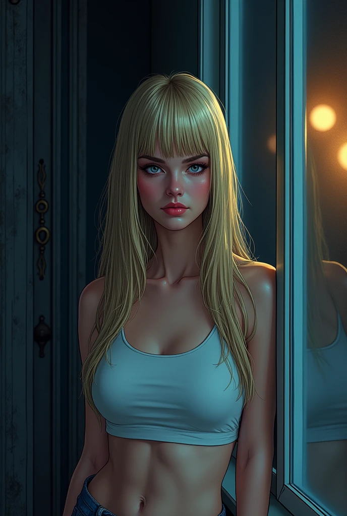 A beautiful blonde girl wearing a tight shirt, with a lovely bottom, painting the walls of a house, with her chest slightly exposed, detailed face and eyes, intricate clothing textures, photorealistic, cinematic lighting, warm color tones, vibrant colors, hyper-detailed, concept art style, masterpiece, (best quality, 4k, 8k, highres, masterpiece:1.2), ultra-detailed, (realistic, photorealistic, photo-realistic:1.37)