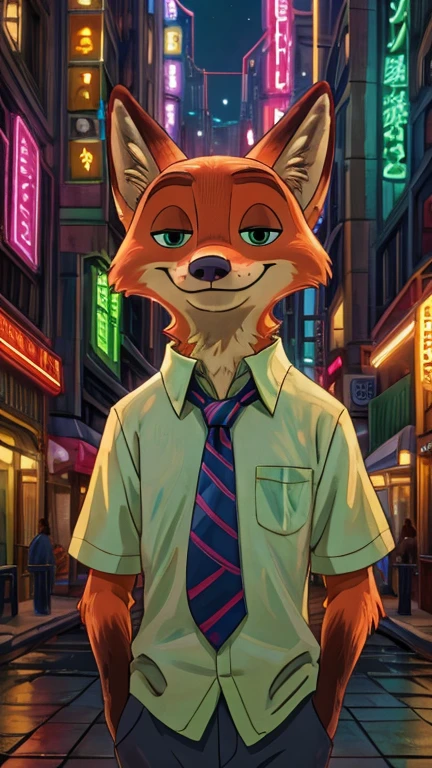 (male, solo, fox), highly insanely detailed, masterpiece, top quality, best quality, highres, 4k, 8k, RAW photo),((innocent look)),((ghibli style)),From the front, symmetrical composition,smile,cute,Innocent,Kind eyes,Flat chest,digital art Style, night, city, tokyo, street, akihabara, neon lights, (nick wilde)),front view, Upper body, necktie, safe, clothed, green eyes, 