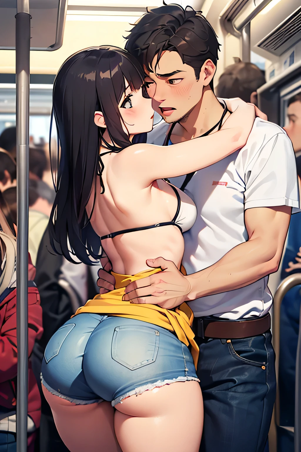 nsfw,hyperrealistic smooth anime,adult curvy gyaru,tanned gyaru,(young casual boy grabbing buttocks from behind),dark brown hair,earring,off-the -shoulder plain blouse,patterned short skirt,man groping woman,(blushed),at train,in heat,look at man,backshot